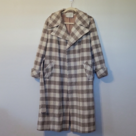 Vintage Diamond's Long Wool-Blend Oatmeal Plaid Open Front Belted Size: M - Picture 4 of 11